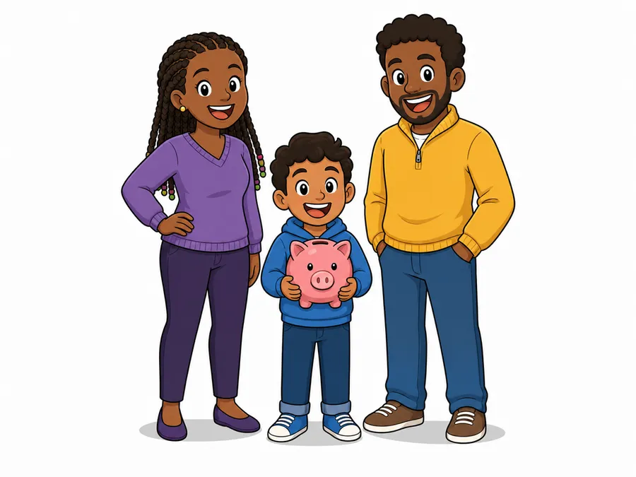 Two parents and a child with a piggy bank